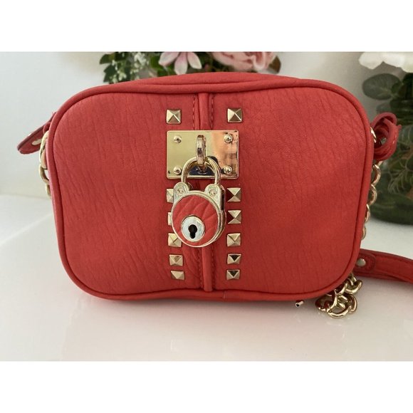 Vtg Crossbody Bag Orange Purse Partial Chain Strap Small Locket Studs Accents - Picture 13 of 16